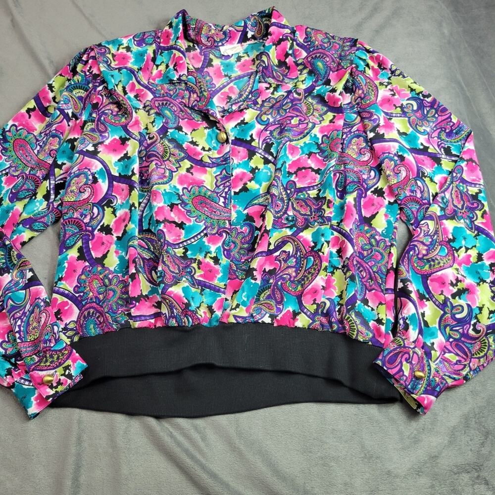 VINTAGE Shirt Womens Large Black Button Front Pull On Bomber Pink Abstract